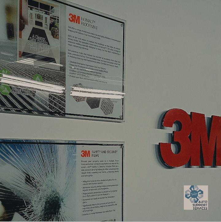 Automotive-care product display at a workshop